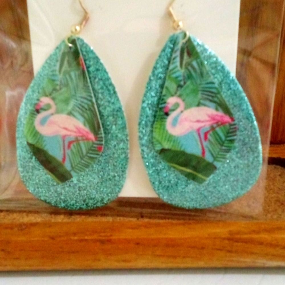 Teal Flamingo Handmade Faux Leather Earrings